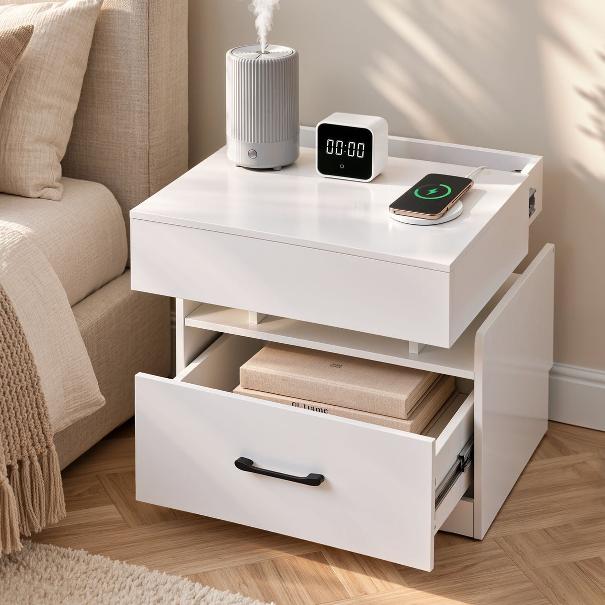 Artiss Bedside Table with Charging Station Drawer Sliding Top Nightstand White