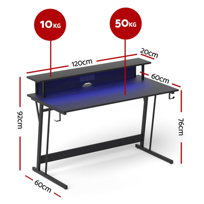 Artiss Gaming Desk with LED Lights Computer Desk Table with Monitor Shelf Power 120cm