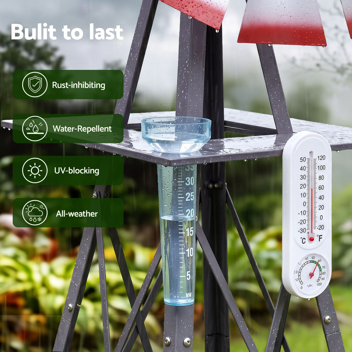 Gardeon Garden Windmill Metal Weather Station with Rain Gauge 243cm Silver
