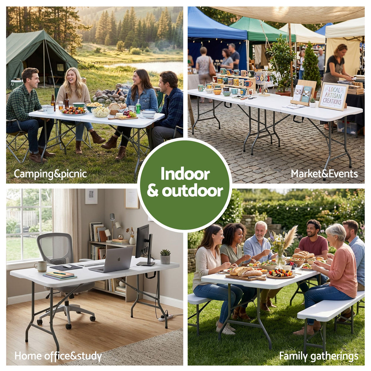 Gardeon 180cm Folding Table Portable Fold-in-Half with Handle Camping Picnic