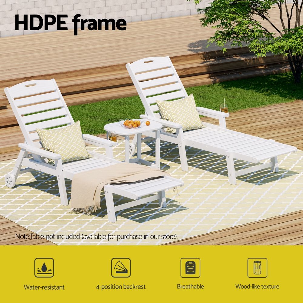 Gardeon 2PCS Sun Lounge Lounger Beach Chair HDPE Patio Outdoor Furniture with Wheels White