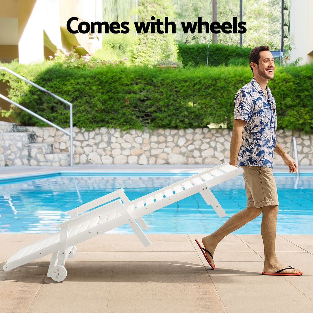 Gardeon 2PCS Sun Lounge Lounger Beach Chair HDPE Patio Outdoor Furniture with Wheels White
