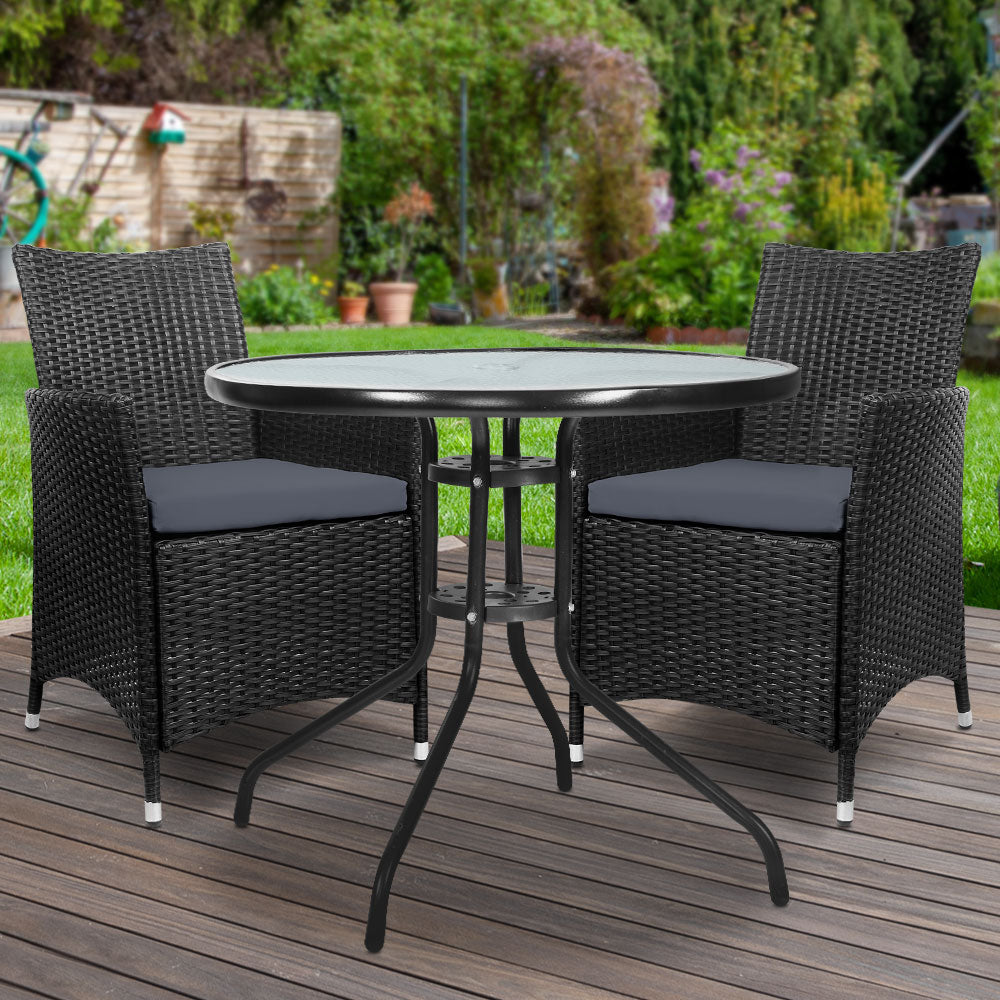 Gardeon 3PC Bistro Set Outdoor Furniture Rattan Table Chairs Cushion Patio Garden Idris