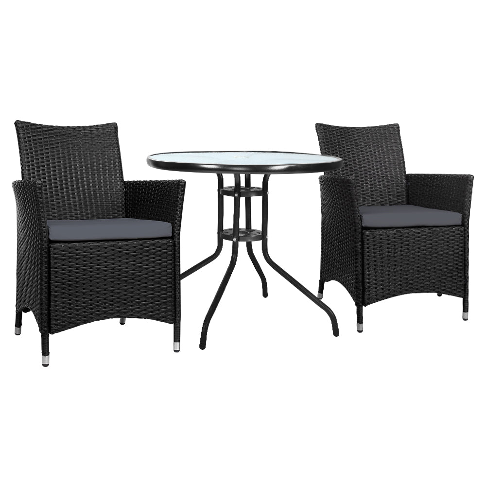 Gardeon 3PC Bistro Set Outdoor Furniture Rattan Table Chairs Cushion Patio Garden Idris