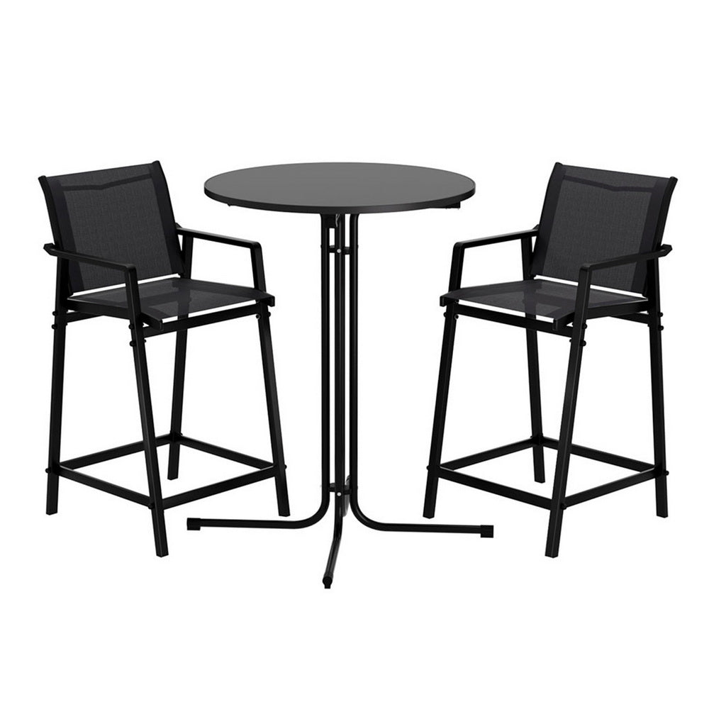 Gardeon 3PC Outdoor Bar Set Stools Dining Chairs Table Patio Furniture Bistro Set Steel Black