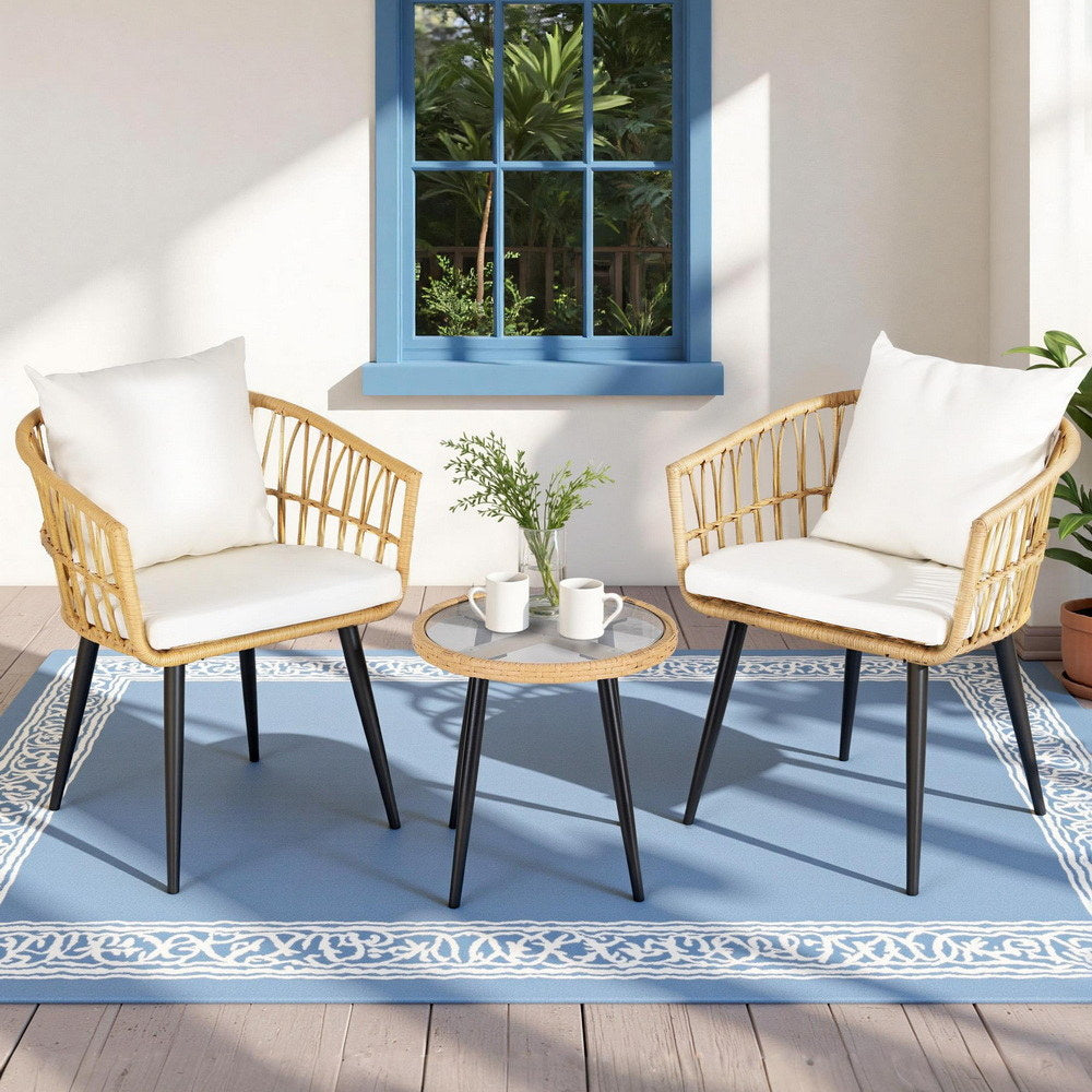Gardeon 3PC Outdoor Bistro Set Patio Furniture Lounge Setting Table and Chairs Natural
