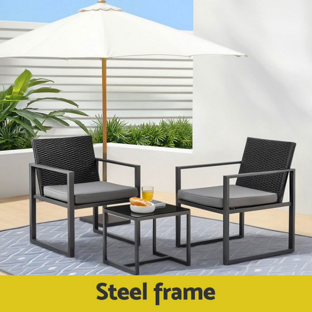 Gardeon 3PC Outdoor Bistro Set Patio Furniture Wicker Dining Chairs Table Cushion Black