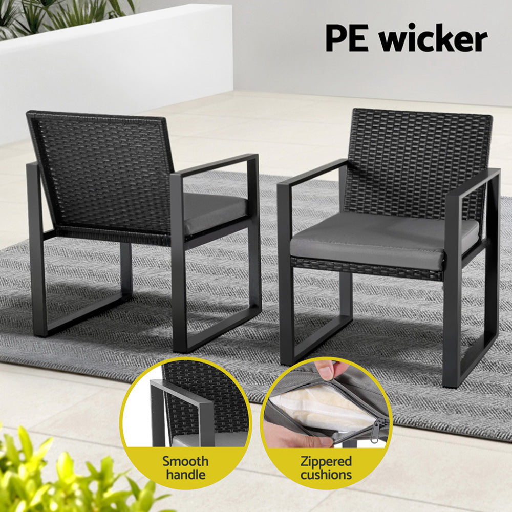 Gardeon 3PC Outdoor Bistro Set Patio Furniture Wicker Dining Chairs Table Cushion Black