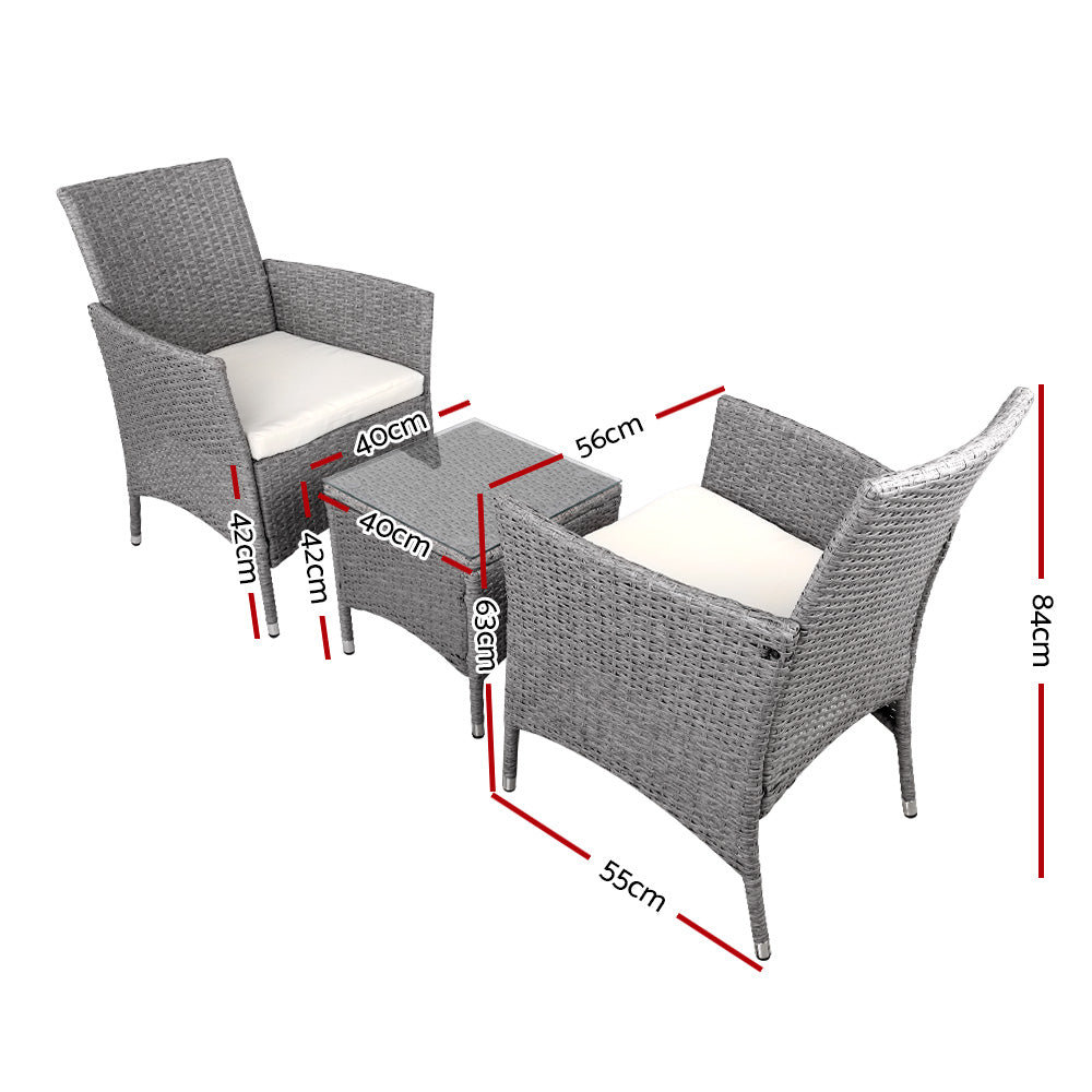 Gardeon 3PC Outdoor Bistro Set Patio Furniture Wicker Setting Chairs Table Cushion Grey