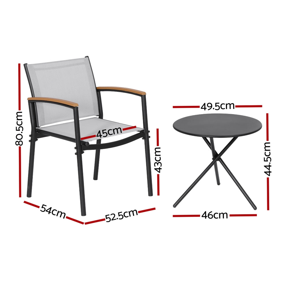 Gardeon 3PC Outdoor Bistro Set Table and Chairs Steel Dining Chair Patio Furniture Textilene