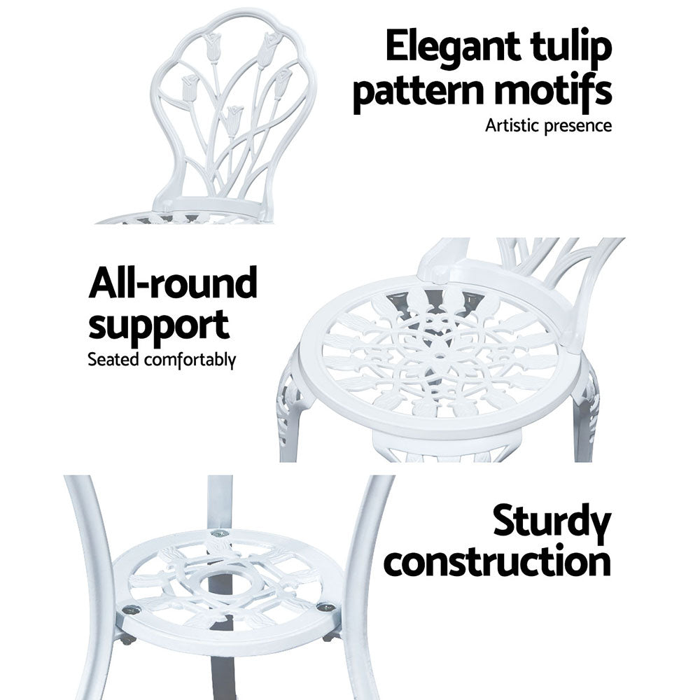 Gardeon 3PC Outdoor Setting Bistro Set Chairs Table Cast Aluminum Patio Furniture Tulip White