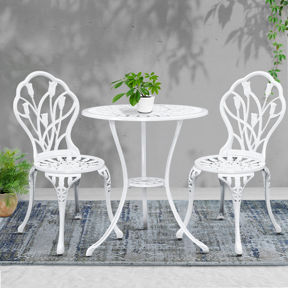 Gardeon 3PC Outdoor Setting Bistro Set Chairs Table Cast Aluminum Patio Furniture Tulip White