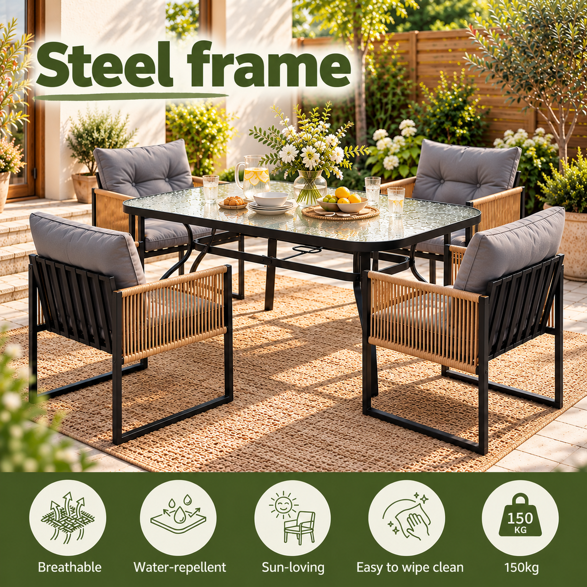 Gardeon 5PC Outdoor Dining Set 120CM Table and Chairs Patio Furniture Garden Cushion