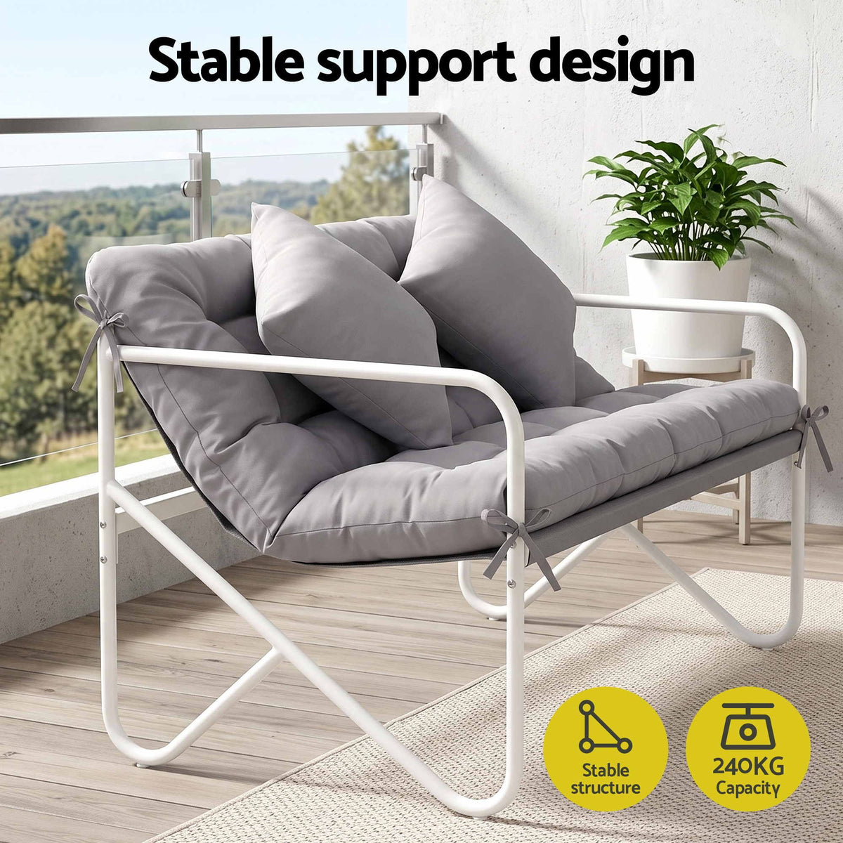 Gardeon Garden Bench 2 Seater Outdoor Bench Metal with Cushion 118cm Grey