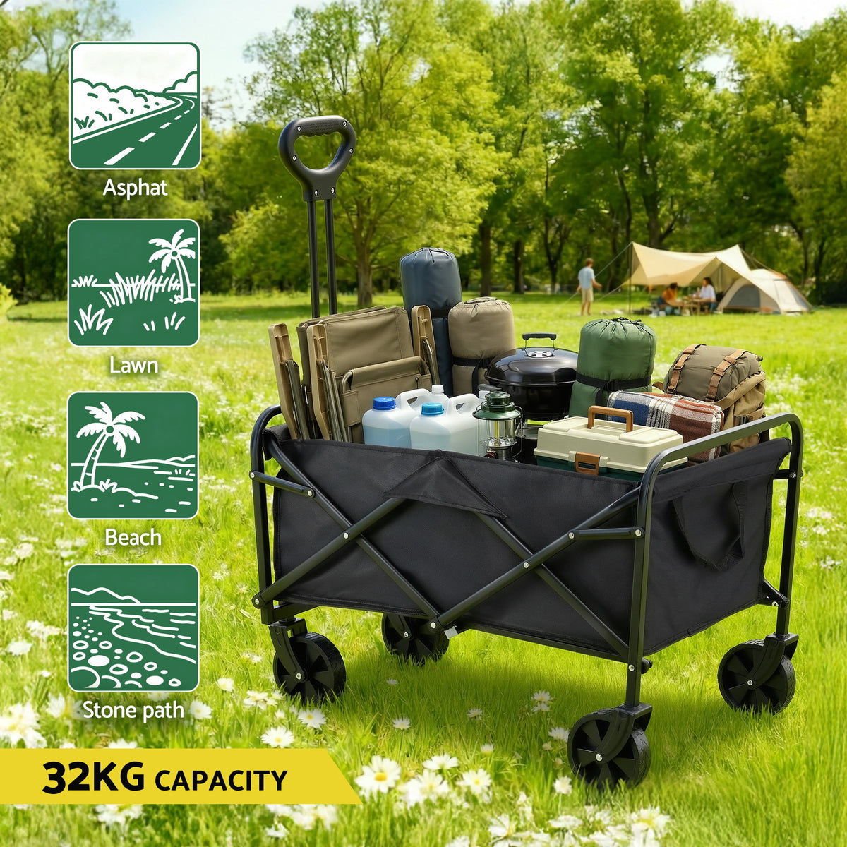 Gardeon Garden Cart Folding Trolley Camping Wagon Barrow Outdoor Beach Black
