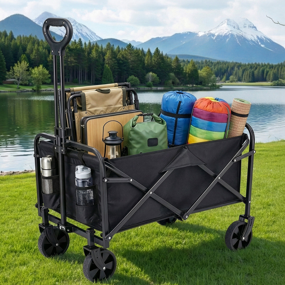 Gardeon Garden Cart Folding Trolley Camping Wagon Barrow Outdoor Beach Black