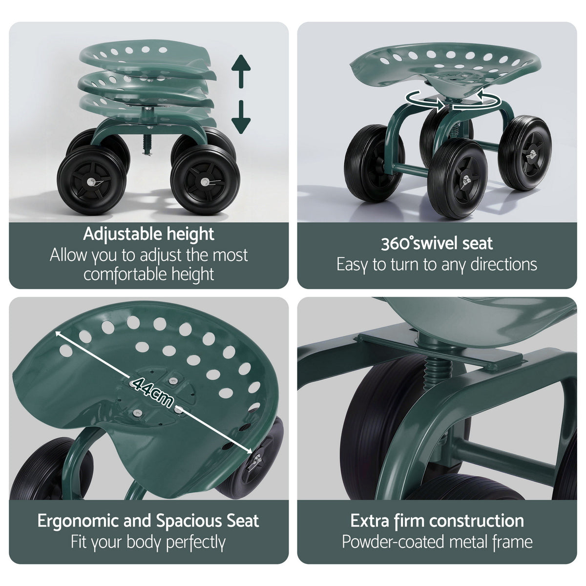 Gardeon Garden Seat 360 Swivel Rolling Adjustable Height Work Scooter Cart Wheels Heavy Duty 150kg