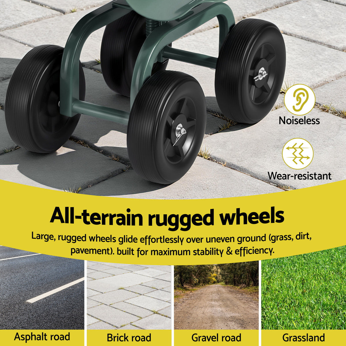 Gardeon Garden Seat 360 Swivel Rolling Adjustable Height Work Scooter Cart Wheels Heavy Duty 150kg