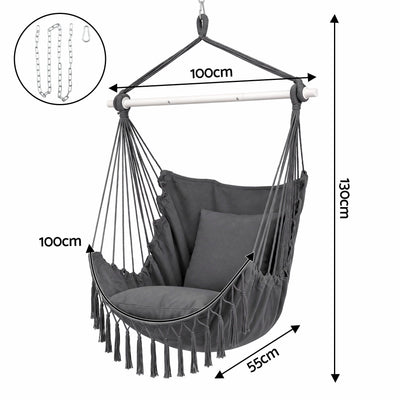 Gardeon Hammock Chair Camping Macrame Hanging Swing Cushions Metal Bar Grey