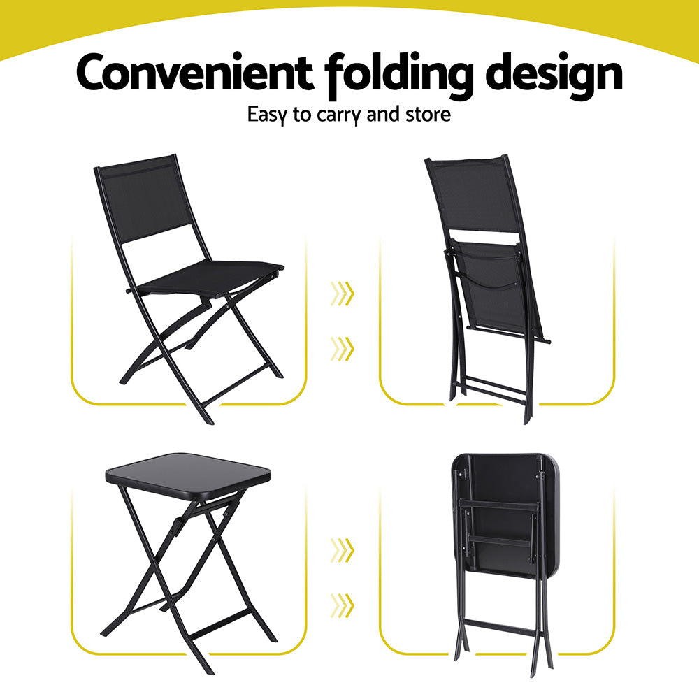 Gardeon Outdoor Bistro Set Folding Table and Chairs Patio Furniture Garden Steel Black