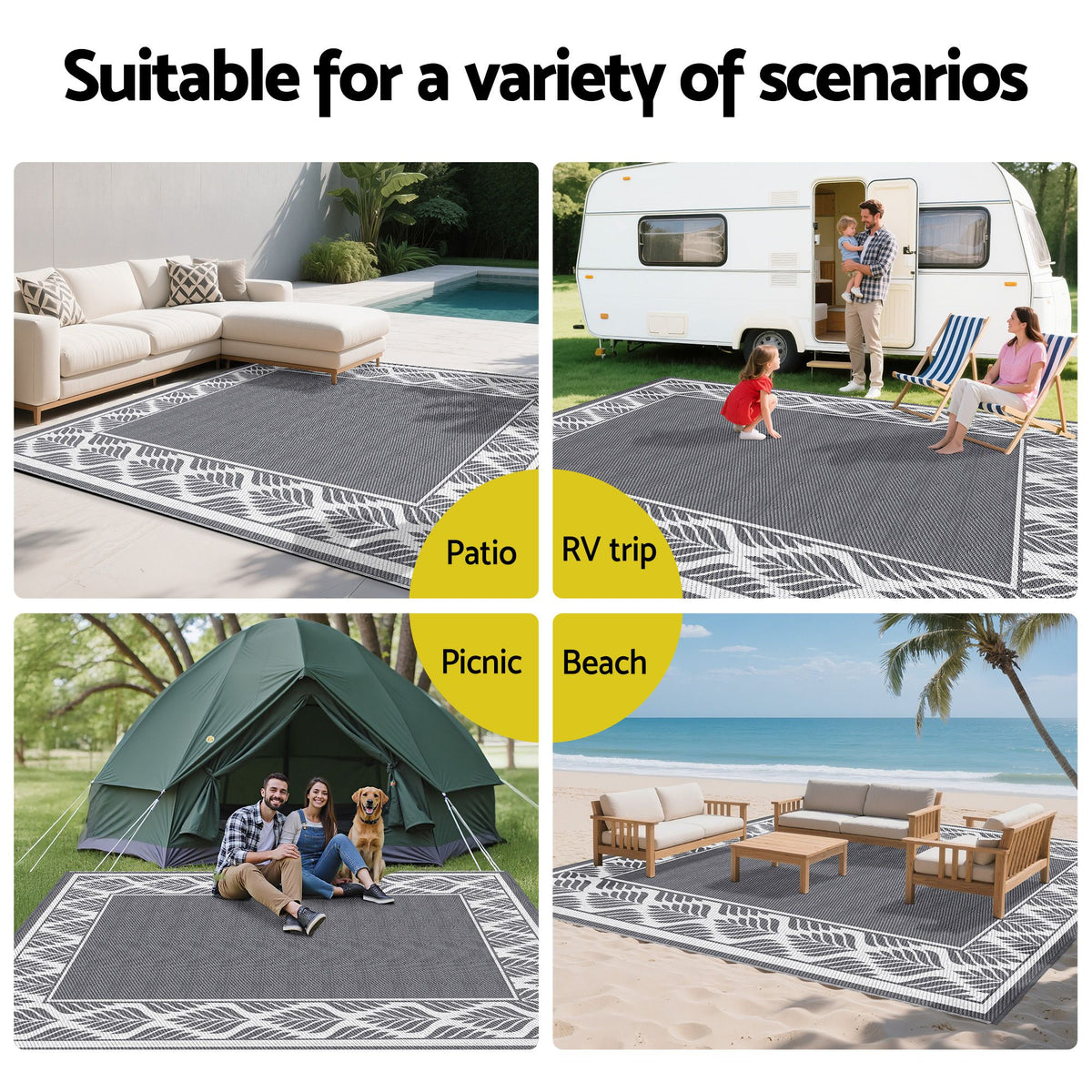 Gardeon Outdoor Rugs 274x366cm Large Carpet Reversible PP Dual-Sided Area Mat Patio Rug Grey