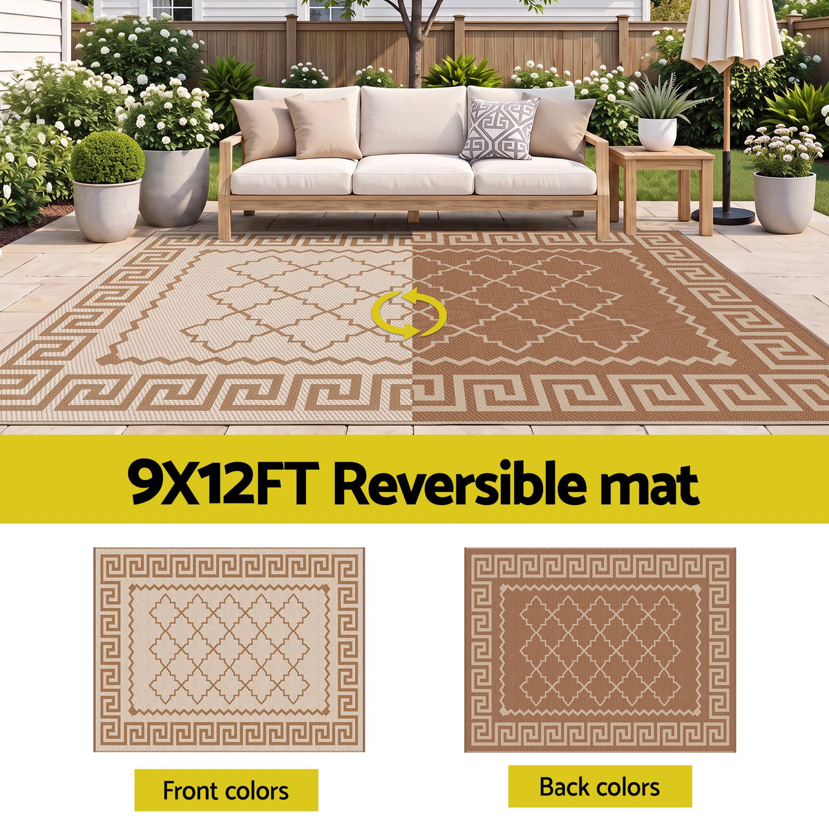 Gardeon Outdoor Rugs 274x366cm Large Carpet Reversible PP Dual-Sided Area Mat Patio Rug Khaki