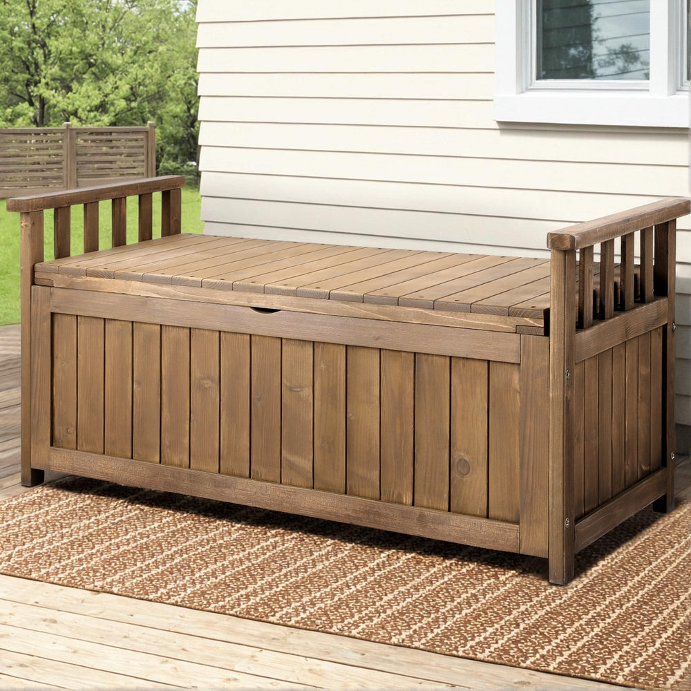 Gardeon Outdoor Storage Bench Box Wooden Garden Toy Tool Sheds Patio Furniture Brown
