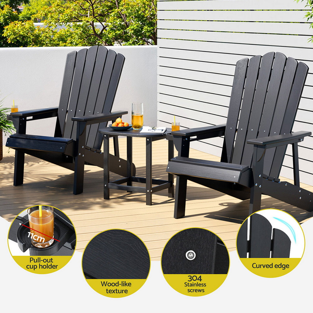 Gardeon Outdoor Table and Chairs HDPE Adirondack Beach Chair Sun Lounge Patio Furniture Garden Black