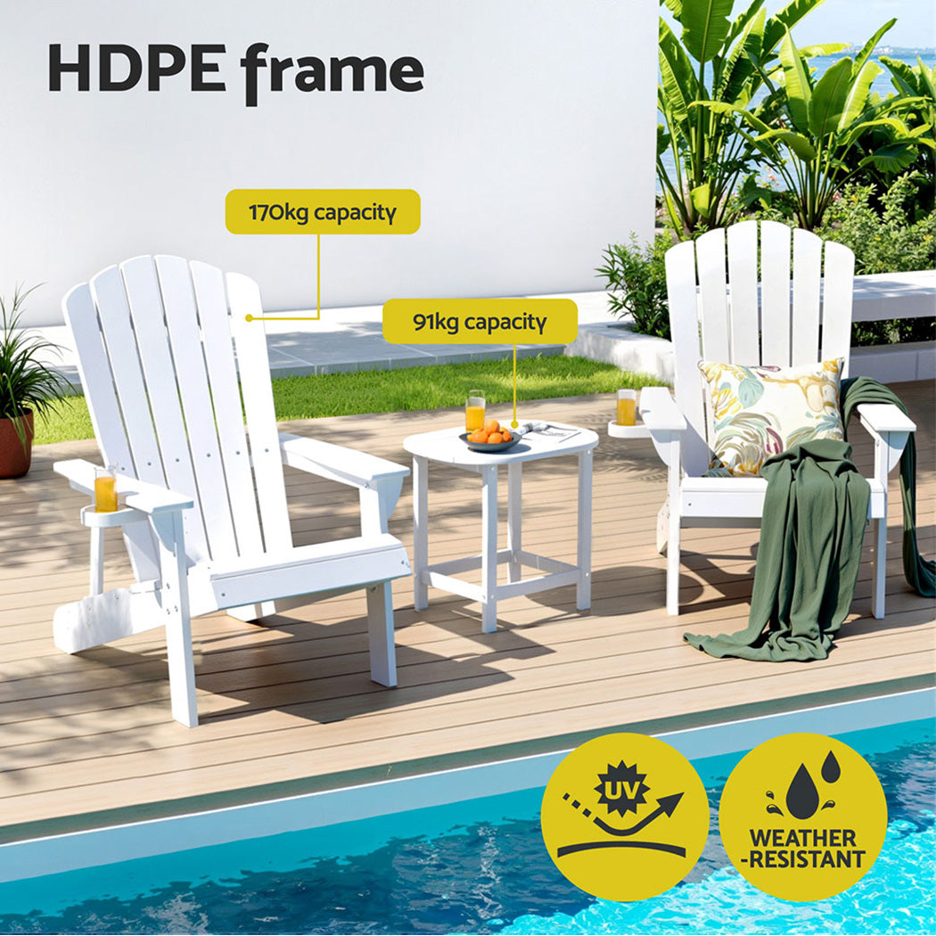 Gardeon Outdoor Table and Chairs HDPE Adirondack Beach Chair Sun Lounge Patio Furniture Garden White