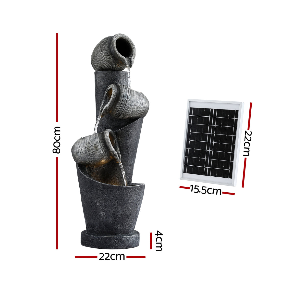Gardeon Solar Fountain Water Feature Cascading Fountain 3-Tier Pot LED Lights 80CM Grey