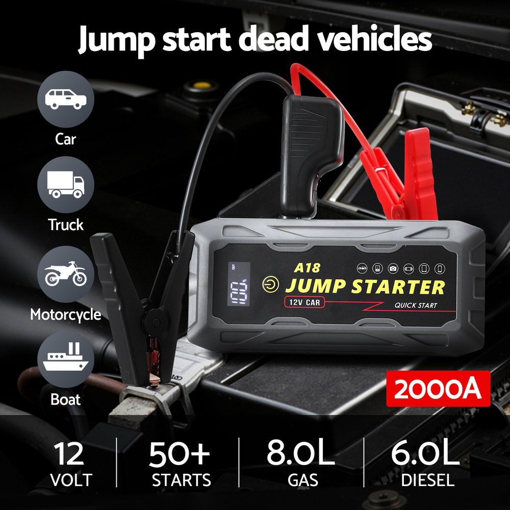 Giantz 2000A Portable Car Jump Starter 12V Lithium Battery Booster Pack Power Bank & Jumper Cables