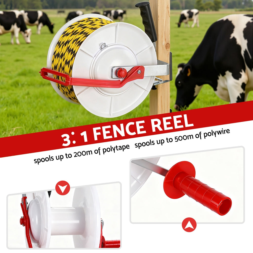 Giantz Electric Fence Reel Geared Portable Polywire Fencing Farm White