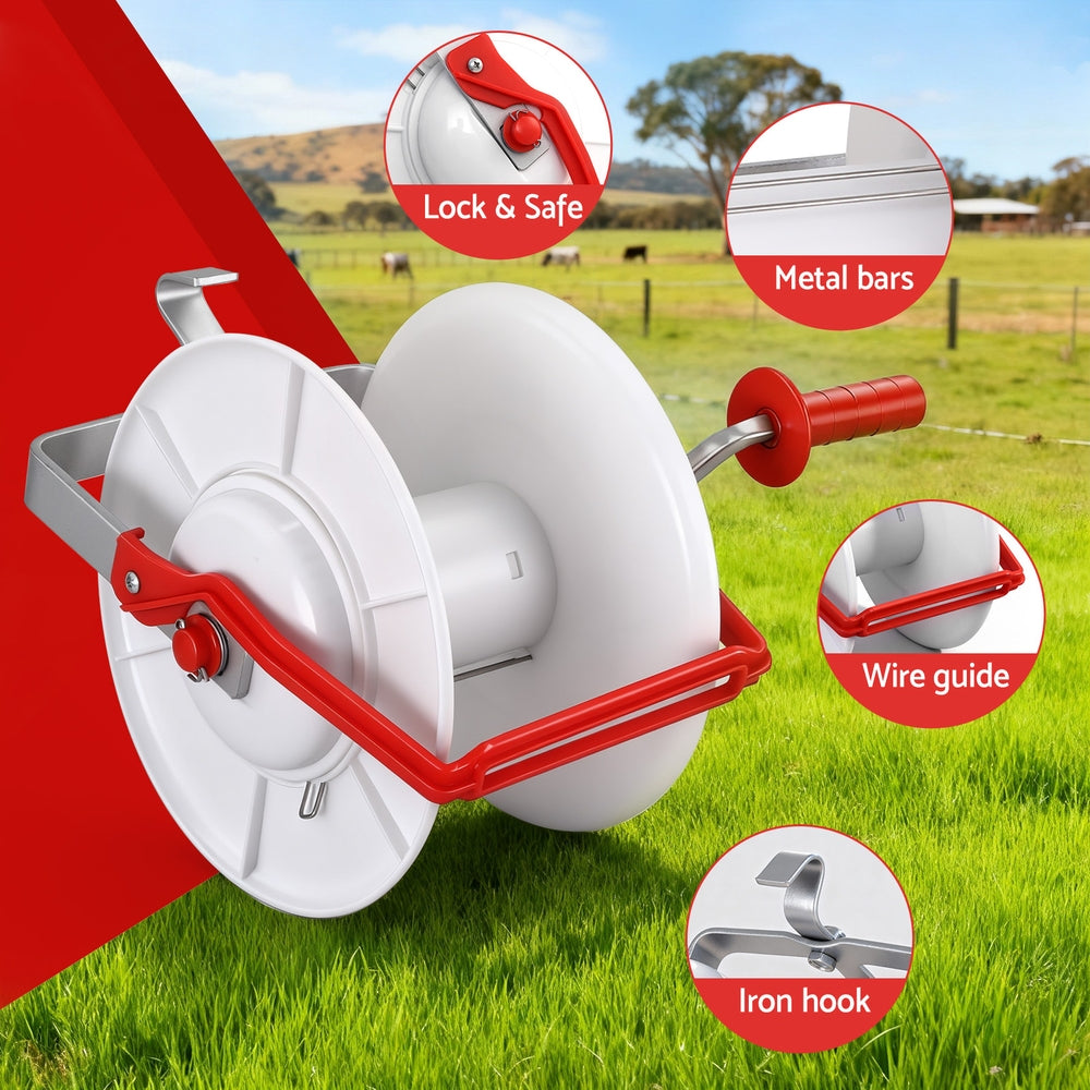 Giantz Electric Fence Reel Geared Portable Polywire Fencing Farm White