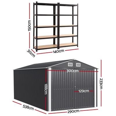 Giantz Garden Shed 3x5.38m Outdoor Tool Storage 2X 5-Tier Garage Shelving Rack