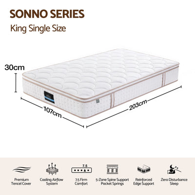 Giselle 30cm King Single Spring Mattress Tencel Cover 5-Zone Firm Back Support
