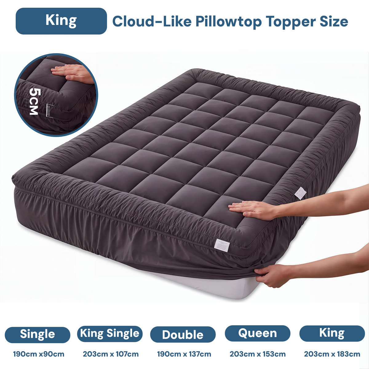 Giselle Bedding Bamboo Charcoal Filling Pillowtop Topper 1000GSM 5cm Thick Pillowtop Pad for Back Pain Relief Washable with 45cm Deep Pocket King
