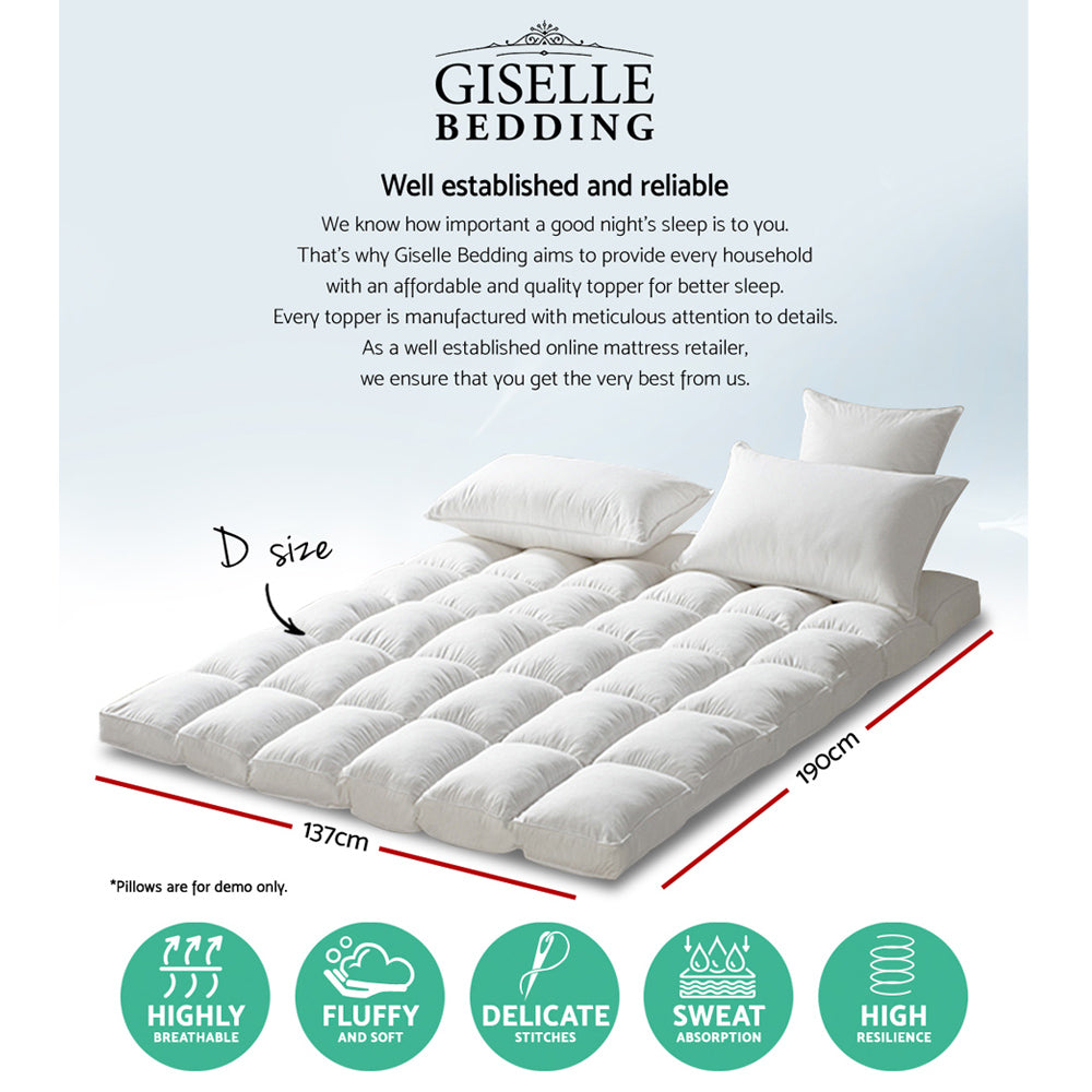 Giselle Bedding Pillowtop Mattress Topper 5cm Thick Pad for Back Pain Relief Washable Underlay Protector 1000GSM Microfibre Filling 45cm Deep Pocket Double