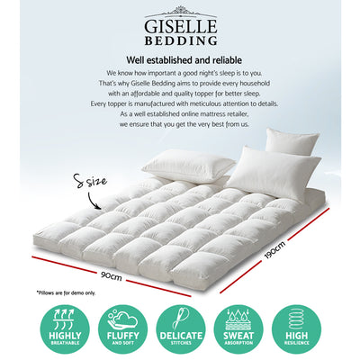Giselle Bedding Pillowtop Mattress Topper 5cm Thick Pad for Back Pain Relief Washable Underlay Protector 1000GSM Microfibre Filling 45cm Deep Pocket Single