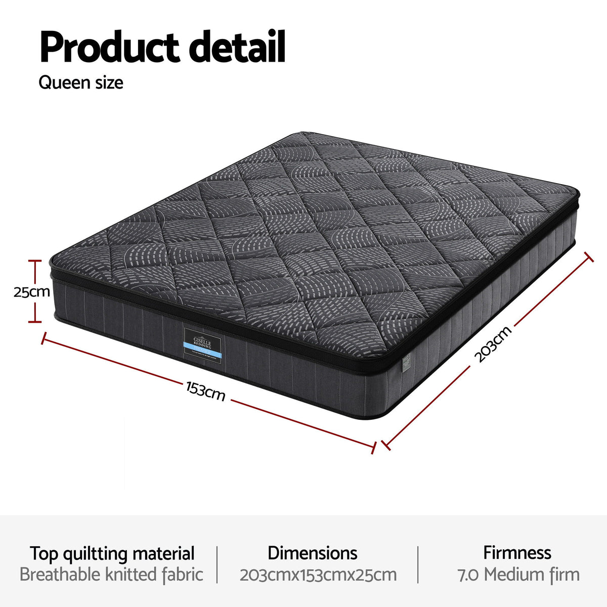 Giselle Bedding Queen Mattress 25cm Pocket Spring Latex Euro Top Medium Firm Bed