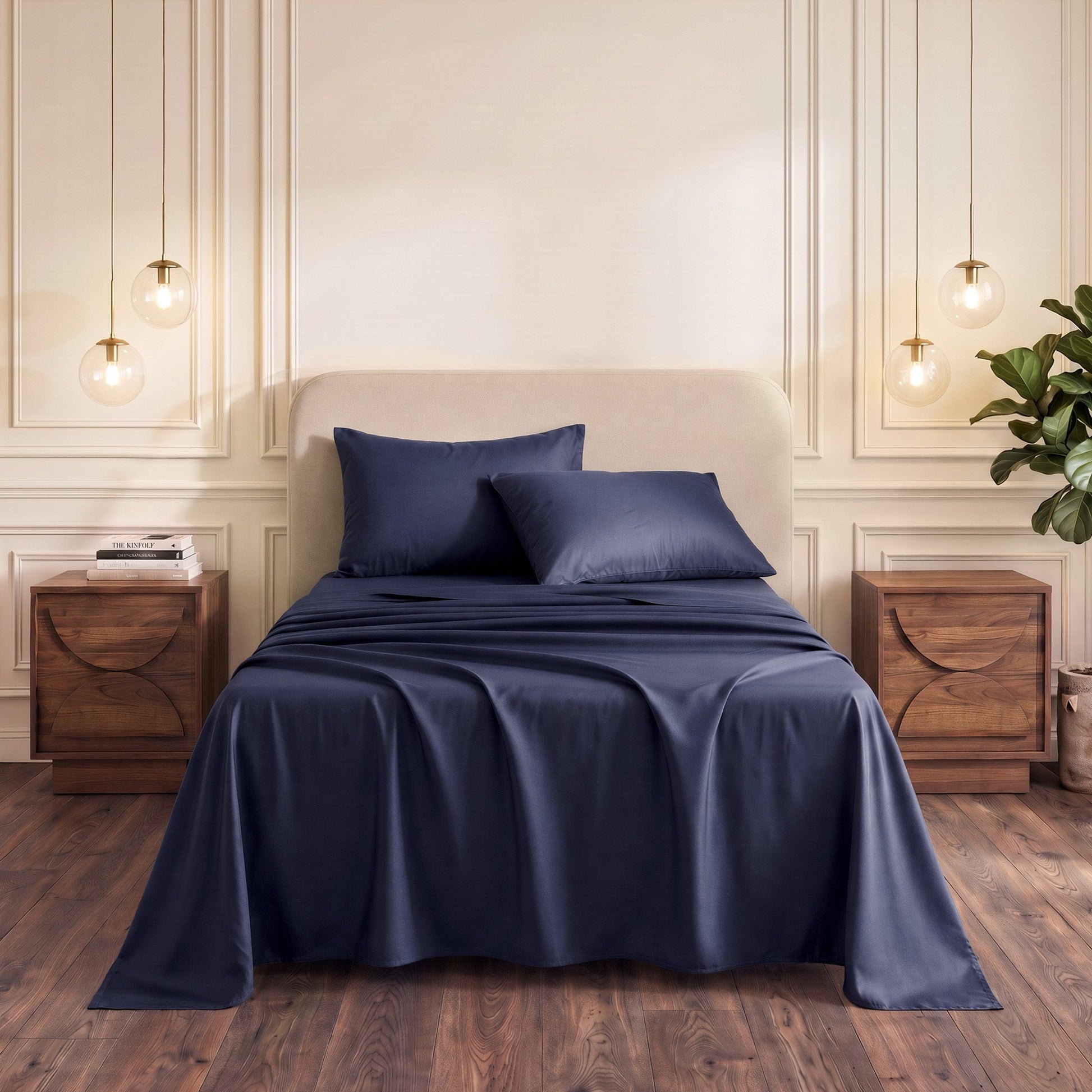 Giselle Kingsingle 500TC Cotton 4Pcs Sheet Set with 40cm Extra Deep Pocket for Thick Mattresses Sateen Weave for Sweaty Nights Navy Blue