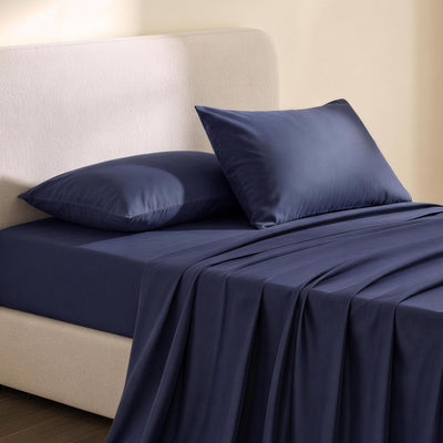 Giselle Kingsingle 500TC Cotton 4Pcs Sheet Set with 40cm Extra Deep Pocket for Thick Mattresses Sateen Weave for Sweaty Nights Navy Blue