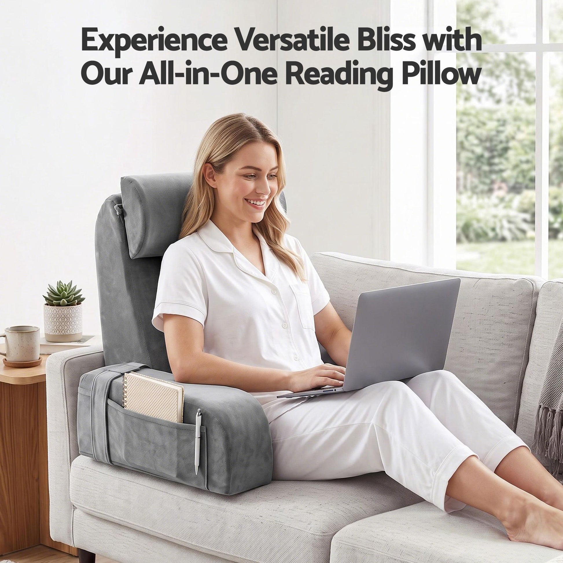 Giselle Reading Pillow For Bed With Non-Sag Solid Memory Foam, Back Pillow For Bed Sitting Up Gaming, Adjustable Neck Roll Detachable Arms And 210gsm Velvet Washable Cover