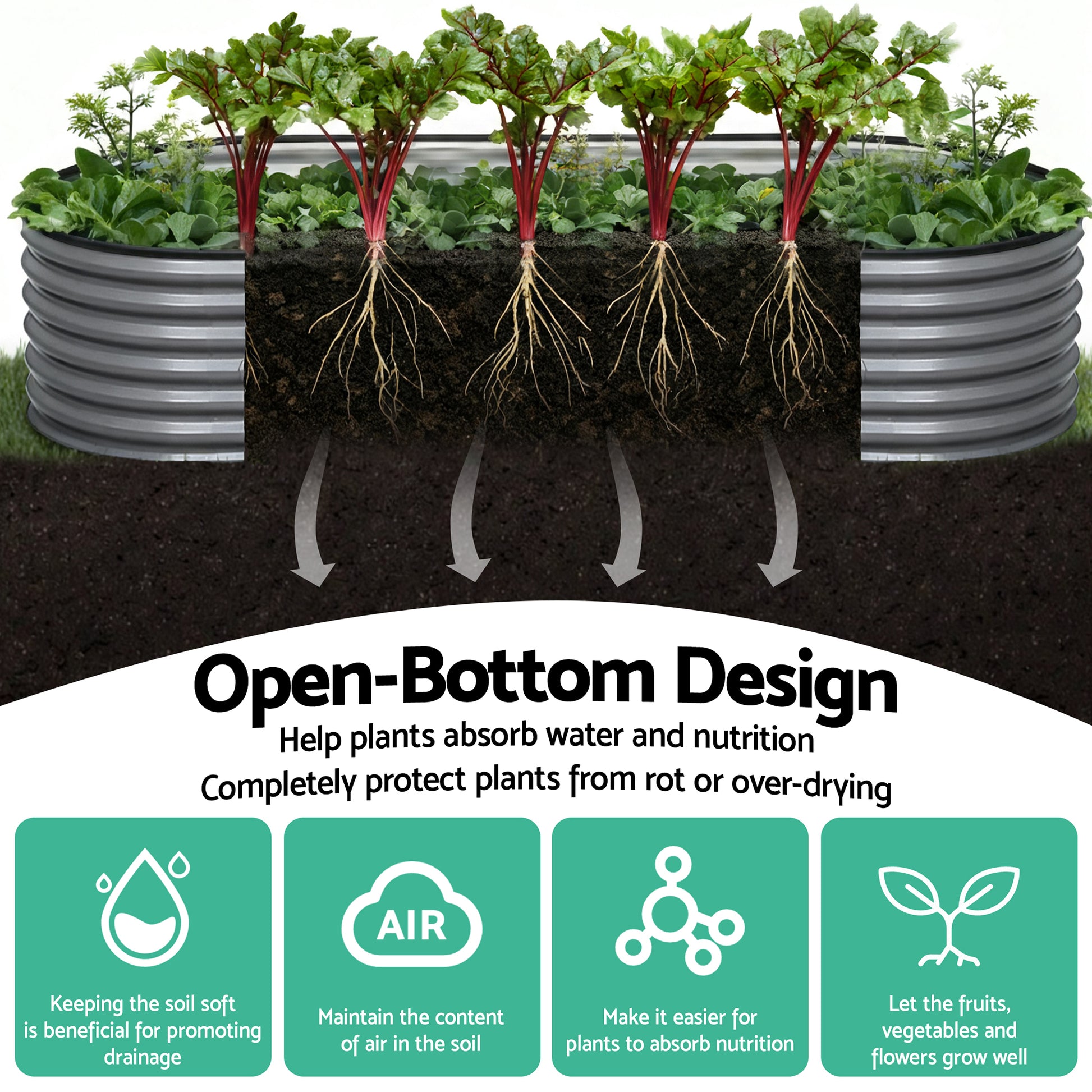 Green Fingers 3 Pcs Raised Garden Bed Kit Oval Galvanized Steel Planter Boxes 320x80x56cm, Heavy Duty Metal Elevated Garden Bed for Vegetables Flowers Herbs, with Safety Edging, Gloves & Pegs Included