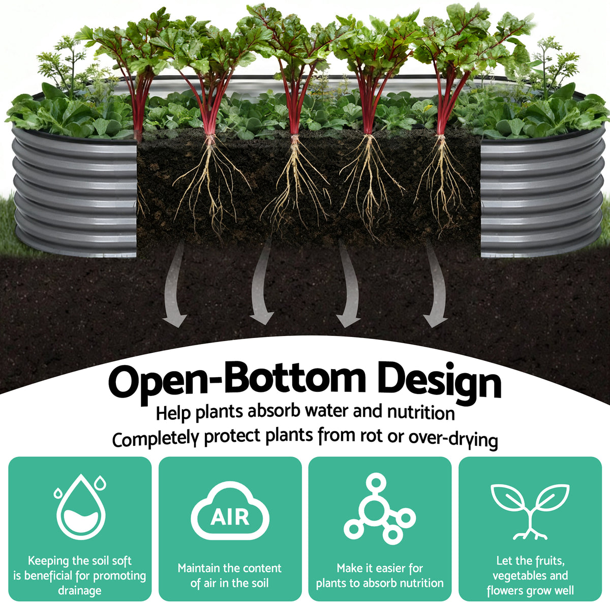 Green Fingers 4 Pcs Raised Garden Bed Kit Oval Galvanized Steel Planter Boxes 240x80x42cm, Heavy Duty Metal Elevated Garden Bed for Vegetables Flowers Herbs, with Safety Edging, Gloves & Pegs Included