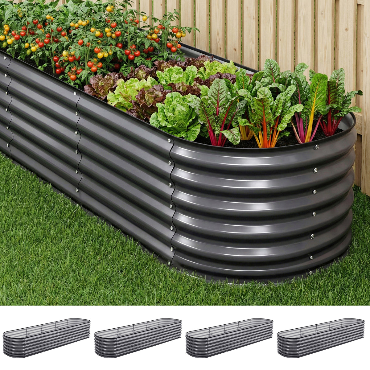 Green Fingers 4 Pcs Raised Garden Bed Kit Oval Galvanized Steel Planter Boxes 320x80x56cm, Heavy Duty Metal Elevated Garden Bed for Vegetables Flowers Herbs, with Safety Edging, Gloves & Pegs Included
