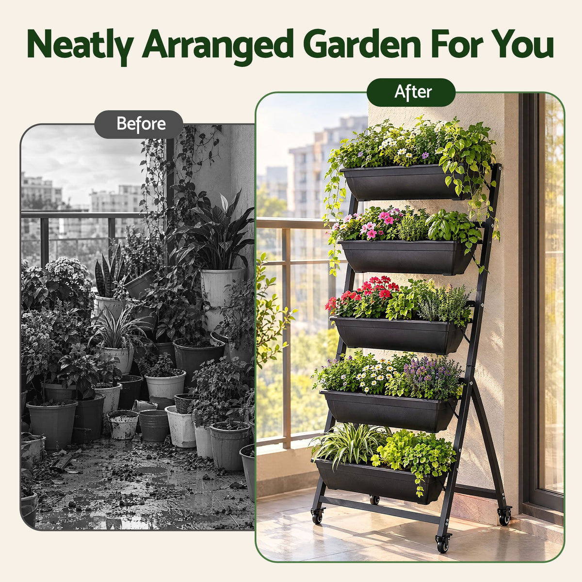 Green Fingers 5 Tier Vertical Raised Garden Bed Mobile Planter Box with Locking Wheels