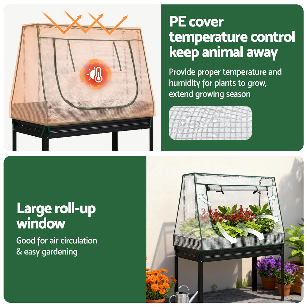 Green Fingers Elevated Metal Garden Bed Kit w Mini Greenhouse Cover 116x60cm Stand-Up Height Trellis