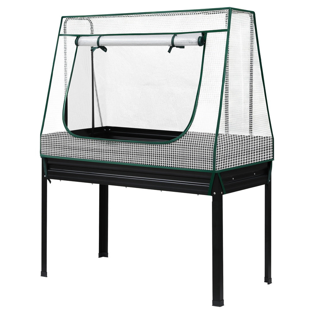 Green Fingers Elevated Metal Garden Bed Kit w Mini Greenhouse Cover 116x60cm Stand-Up Height Trellis