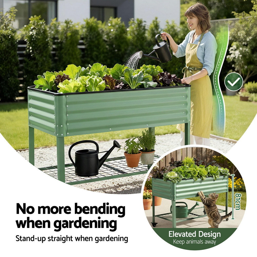 Green Fingers Elevated Raised Garden Bed Kit Mobile w/ Locking Wheels & Storage Shelf 100KG Max Load 115x60x81cm | Galvanized Steel, Portable Green Organizer for Seniors, Patio, Balcony, Vegetables