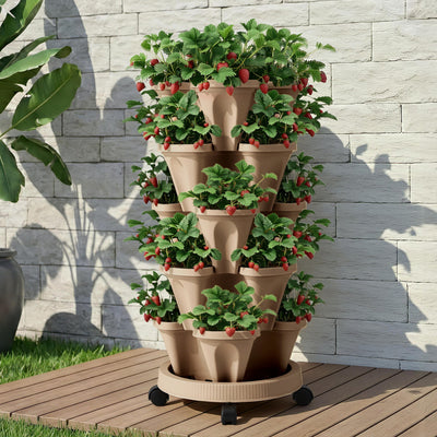 Green Fingers Garden Bed 5 Tier Vertical Garden Grey Strawberry Stackable Planters Herb Petunias Tan